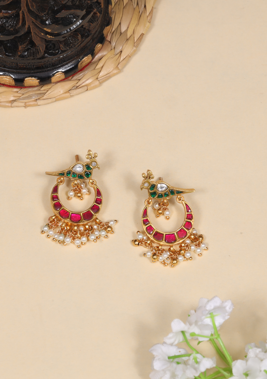 Pretty Peacock Jadau Kundan Chandbali Earrings with Pearl Beads