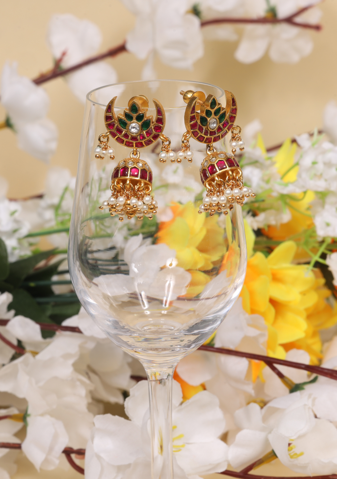 Beautiful Jadau Kundan Chandbali Jhumka Earrings with Pearl Beads Hangings
