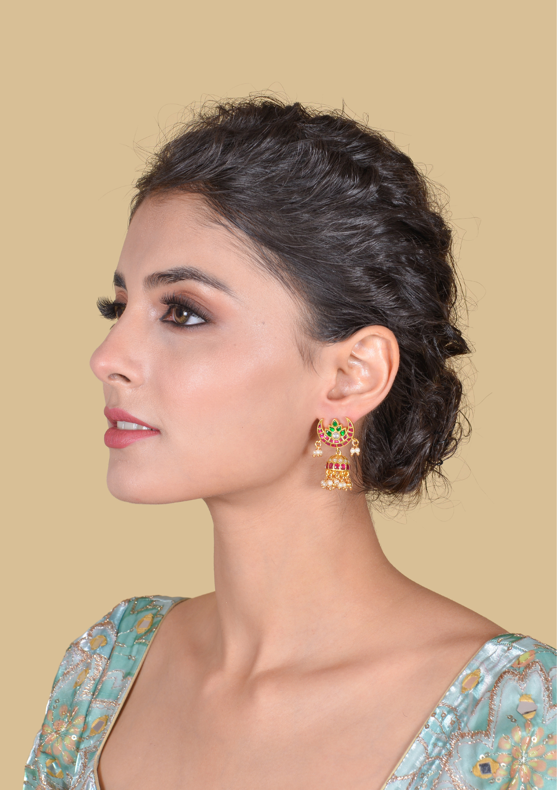 Beautiful Jadau Kundan Chandbali Jhumka Earrings with Pearl Beads Hangings