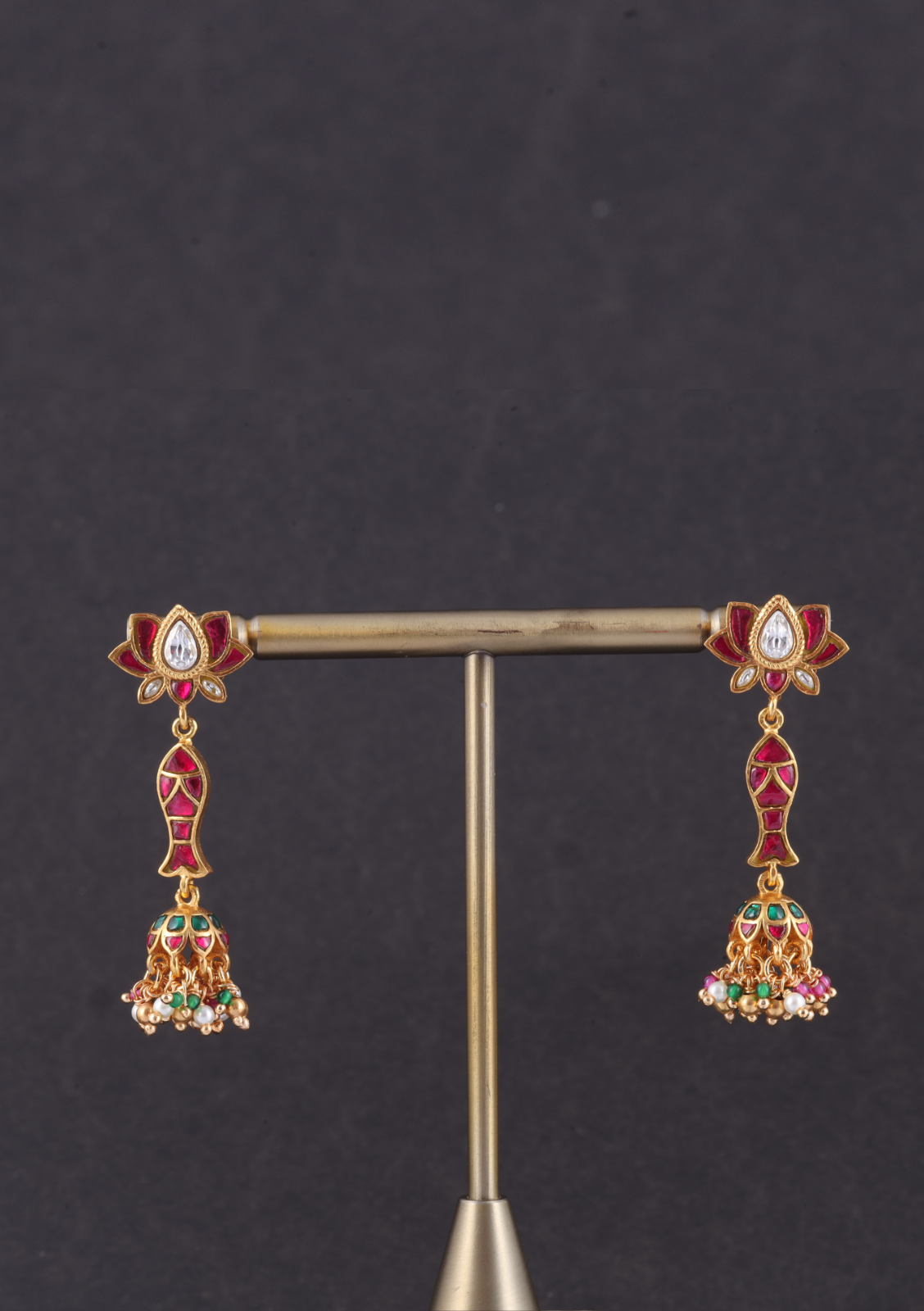 Lotus and Fish Designer Jadau Kundan Jhumka Earrings with Pearl, Red and Green Hangings