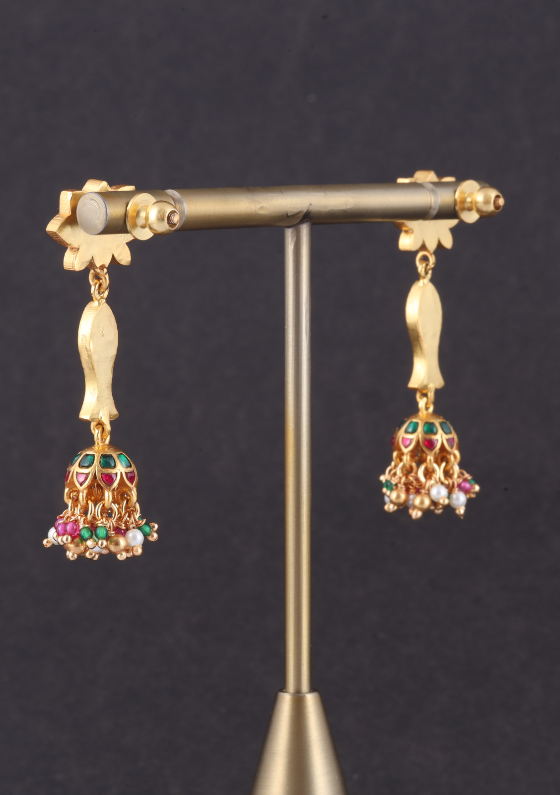 Lotus and Fish Designer Jadau Kundan Jhumka Earrings with Pearl, Red and Green Hangings