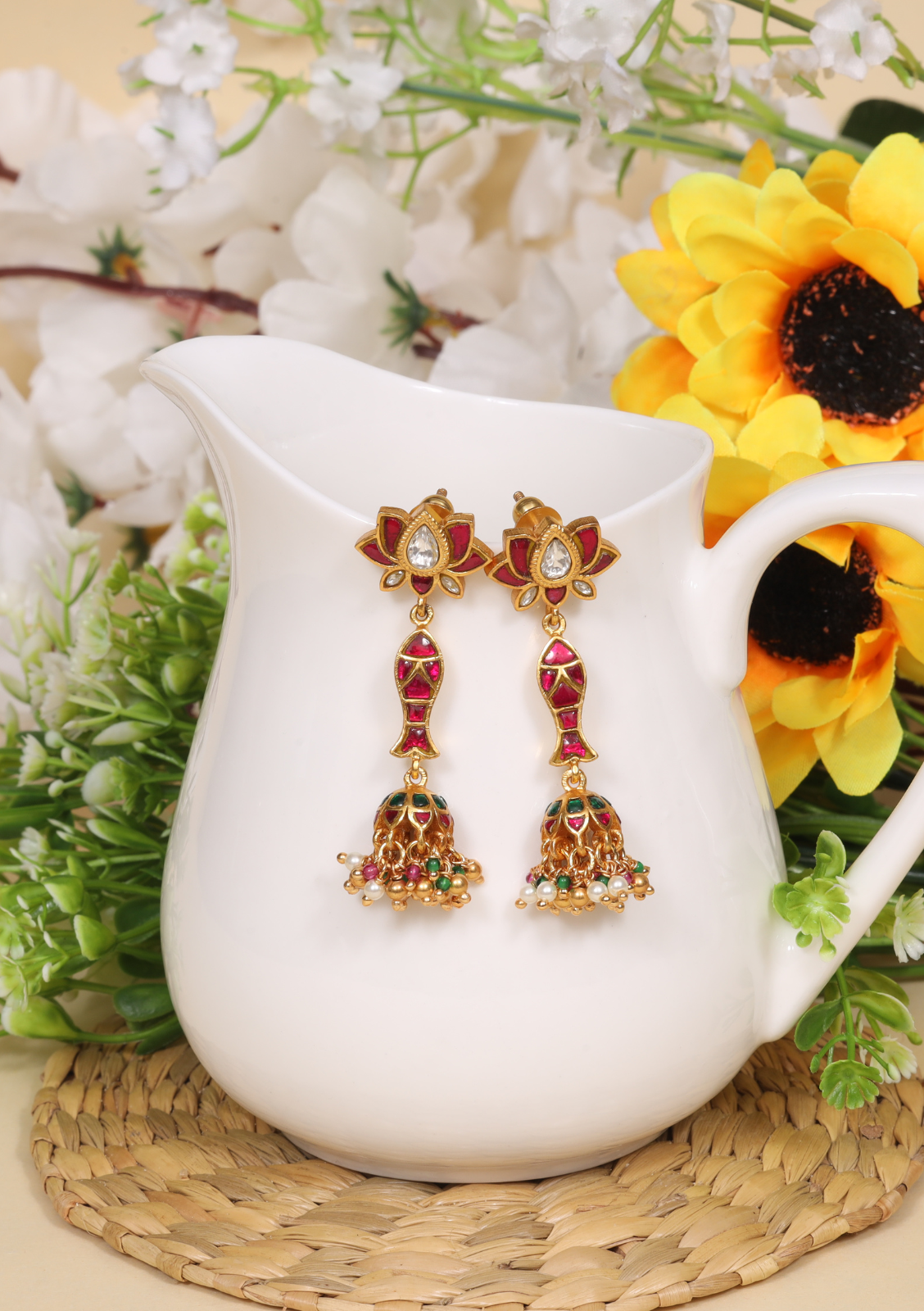 Lotus and Fish Designer Jadau Kundan Jhumka Earrings with Pearl, Red and Green Hangings