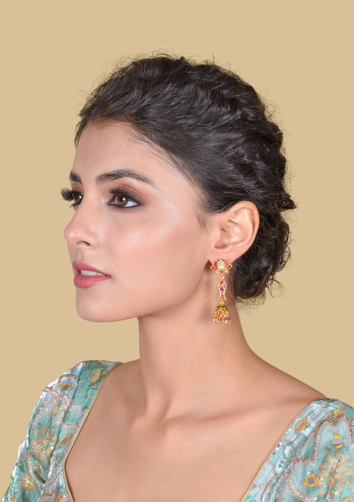 Lotus and Fish Designer Jadau Kundan Jhumka Earrings with Pearl, Red and Green Hangings