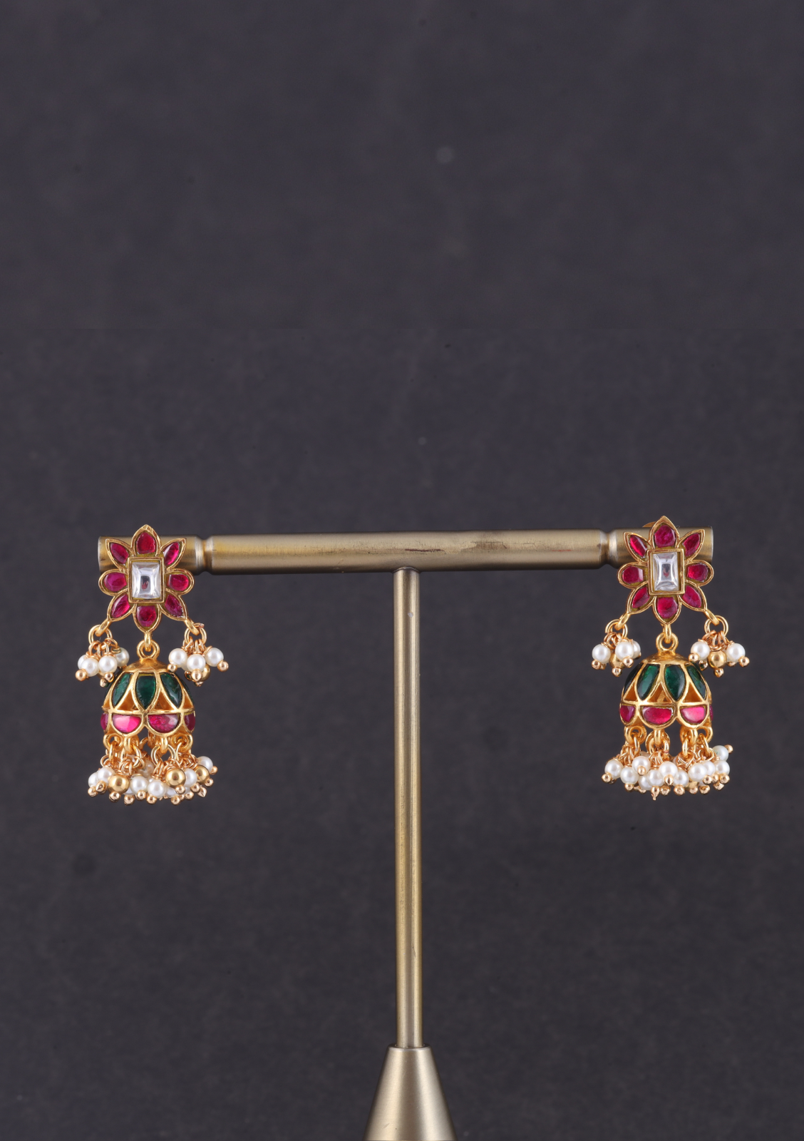 Cute Floral Jadau Kundan Jhumka Earrings with Pearl Beads Hangings