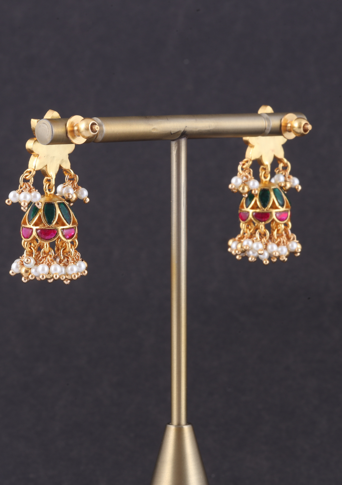 Cute Floral Jadau Kundan Jhumka Earrings with Pearl Beads Hangings
