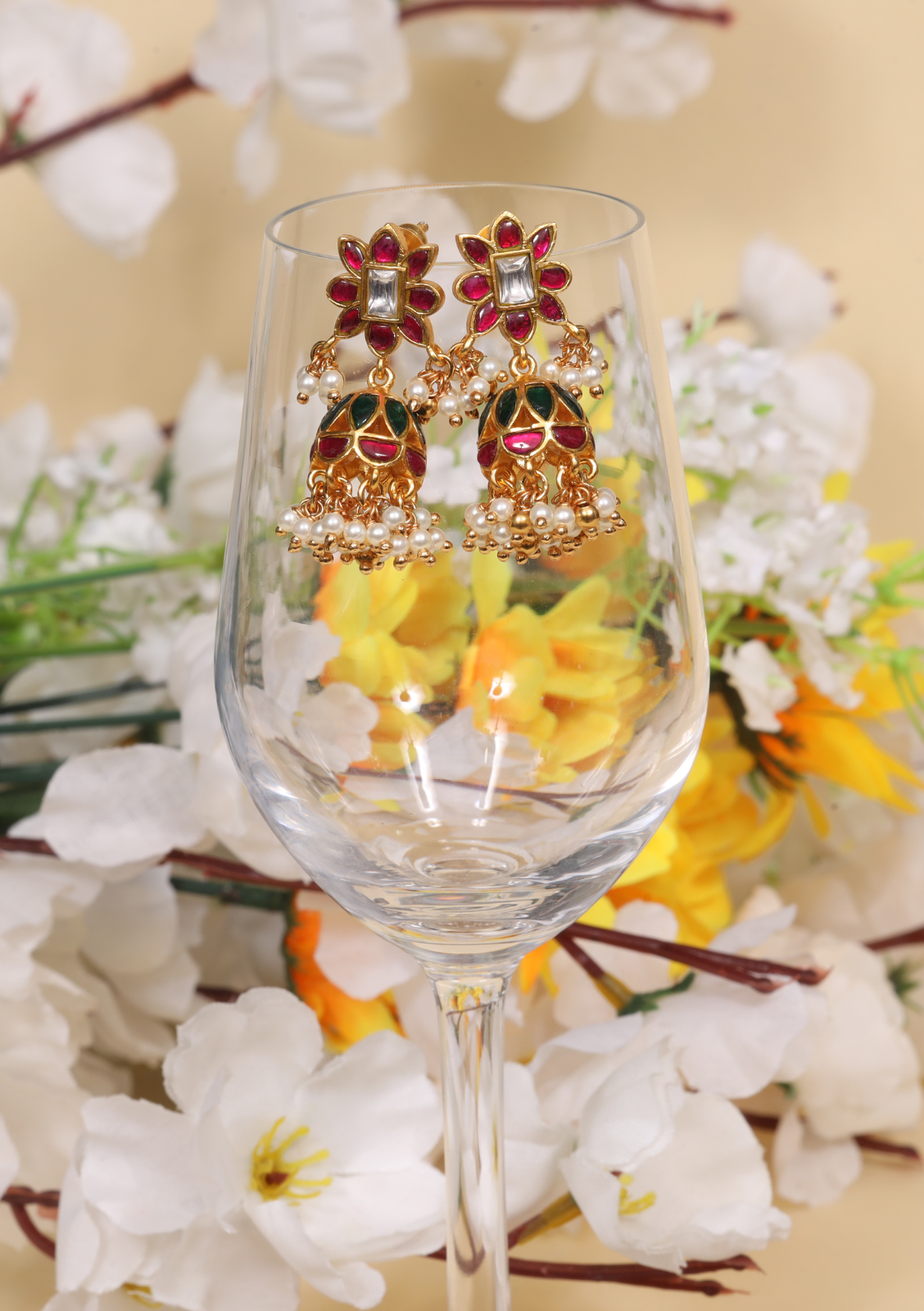 Cute Floral Jadau Kundan Jhumka Earrings with Pearl Beads Hangings