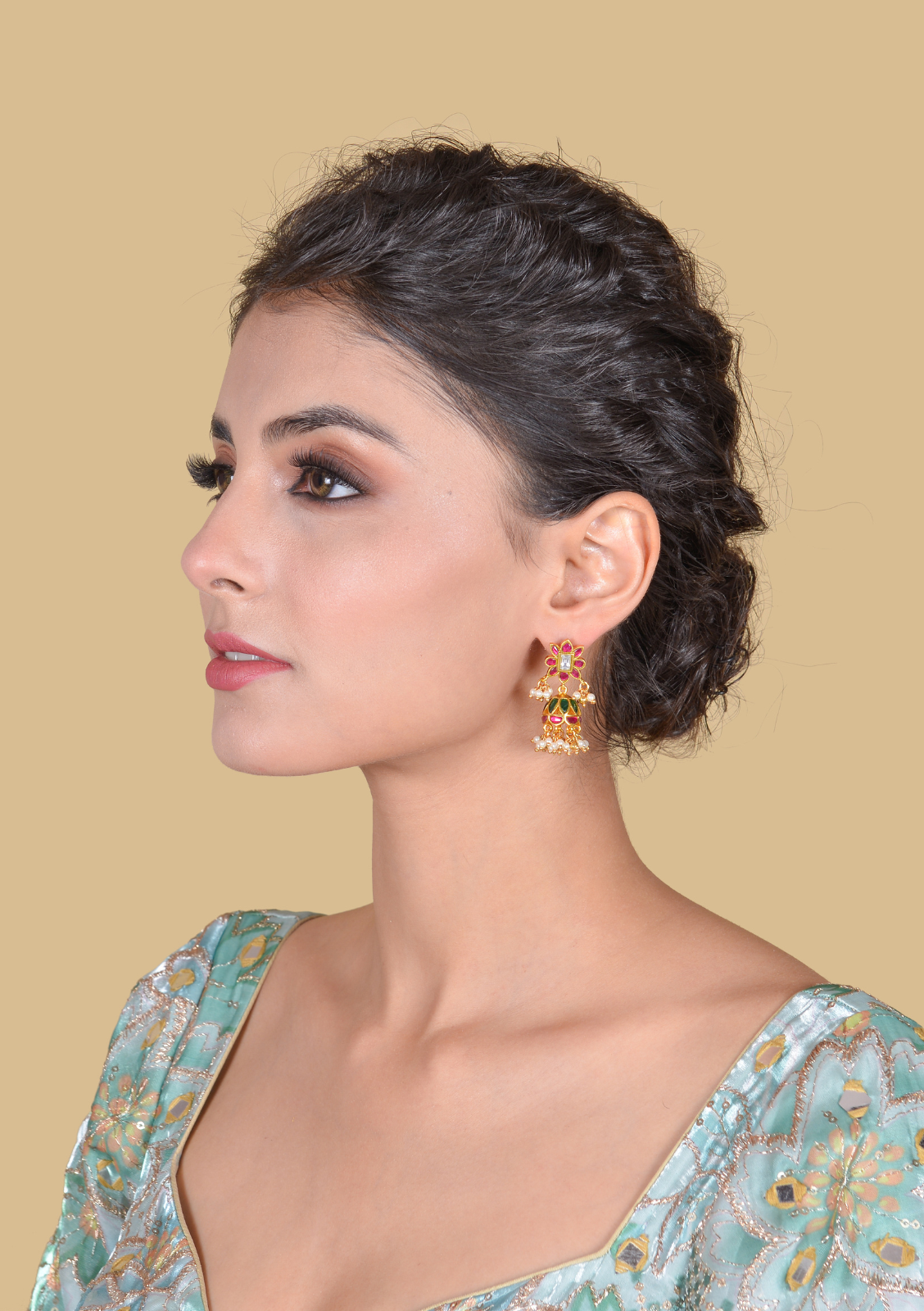 Cute Floral Jadau Kundan Jhumka Earrings with Pearl Beads Hangings