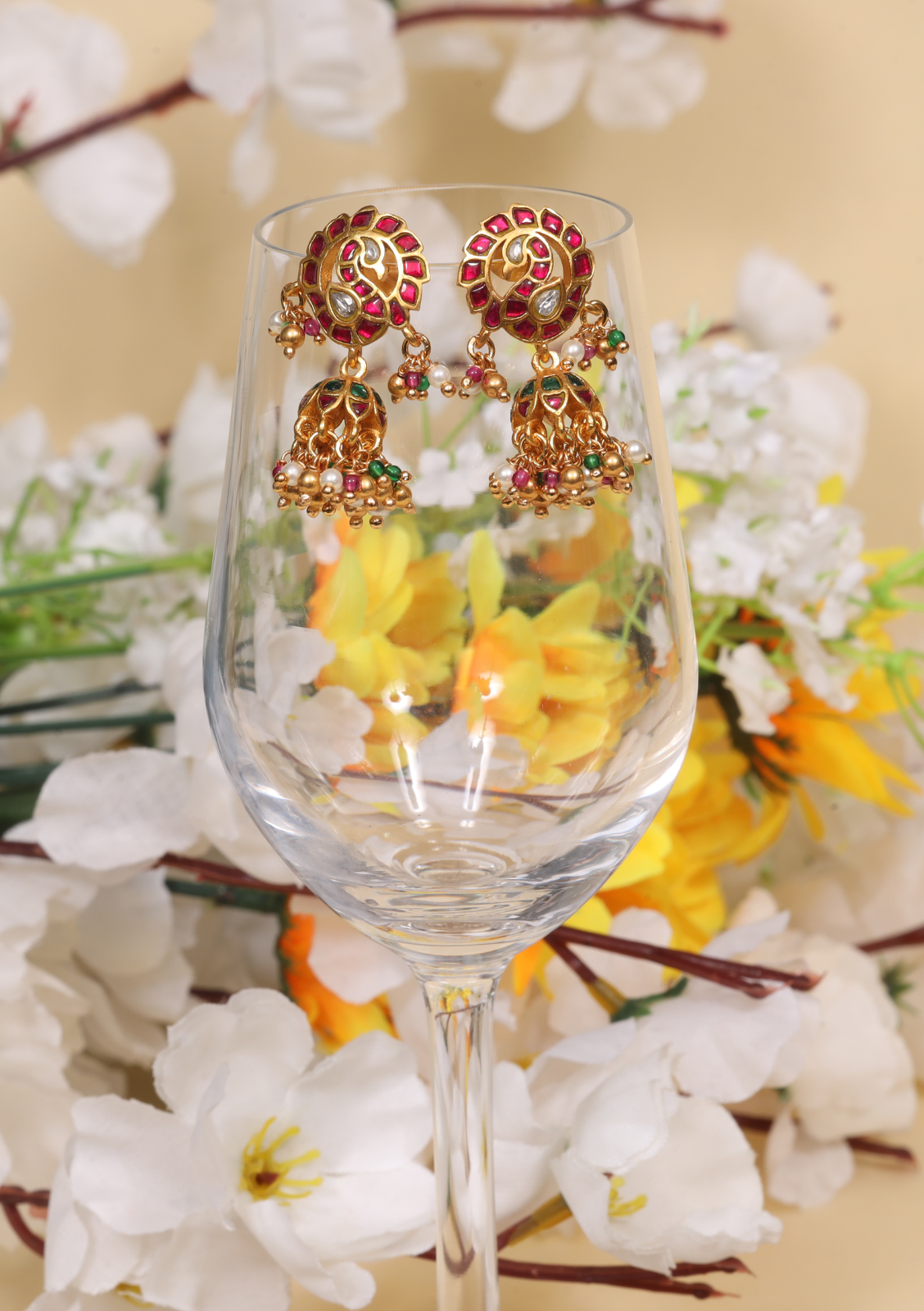 Exquisite Peacock Jadau Kundan Designer Earrings with Pearl and Green Beads Hangings