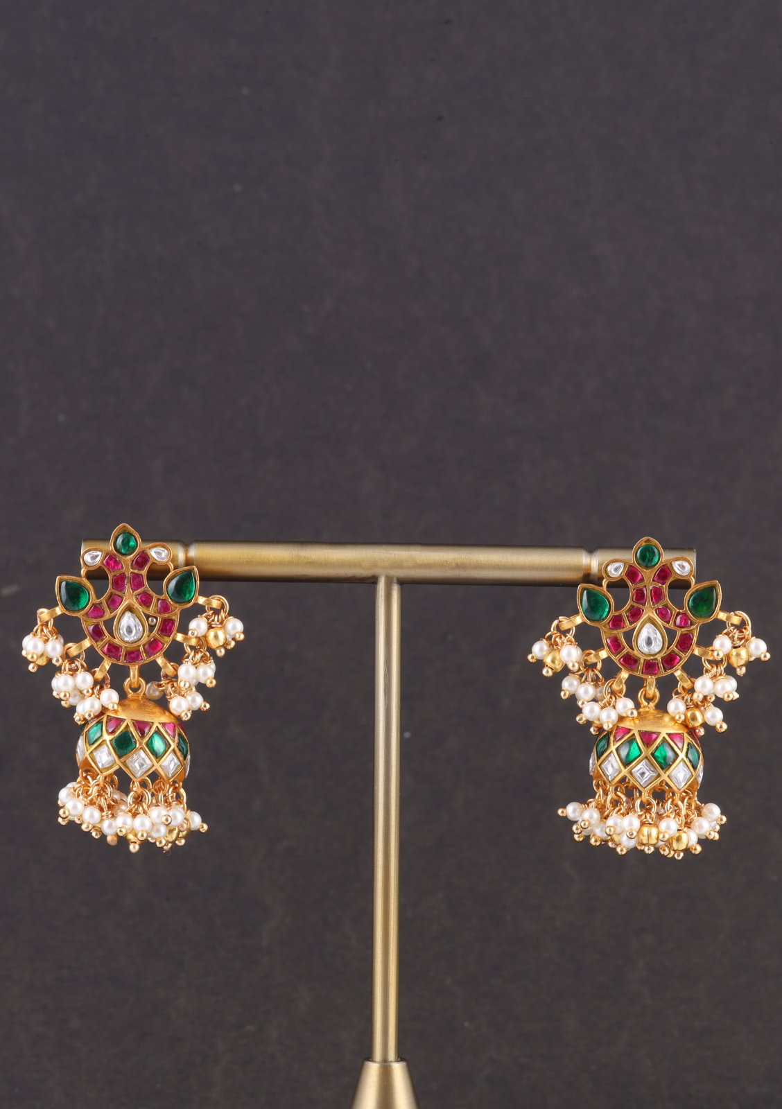 Real Jadau Kundan Floral Motif Jhumka Earrings with Pearls