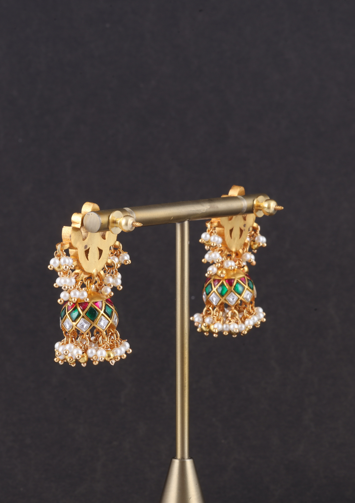 Real Jadau Kundan Floral Motif Jhumka Earrings with Pearls