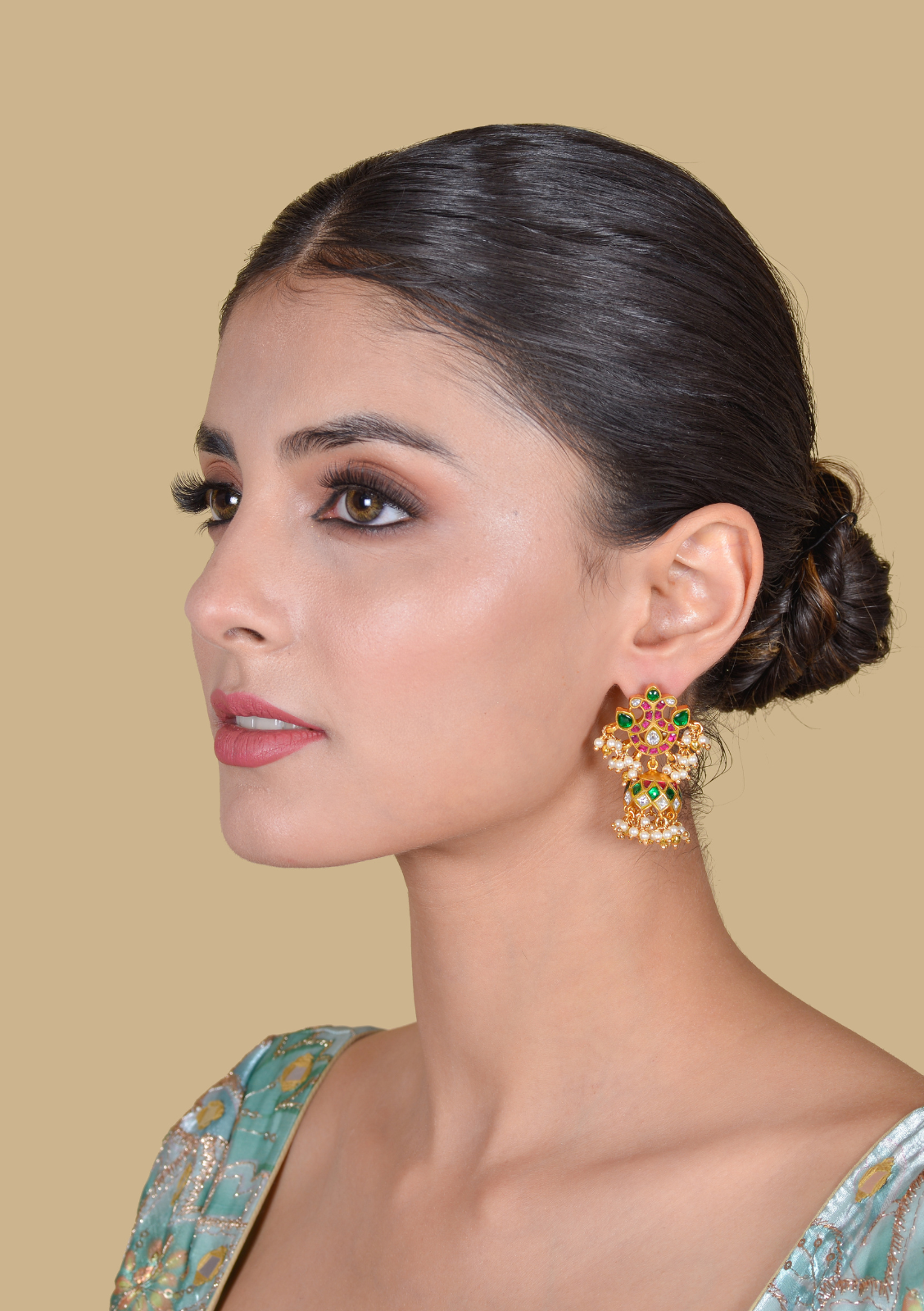 Real Jadau Kundan Floral Motif Jhumka Earrings with Pearls