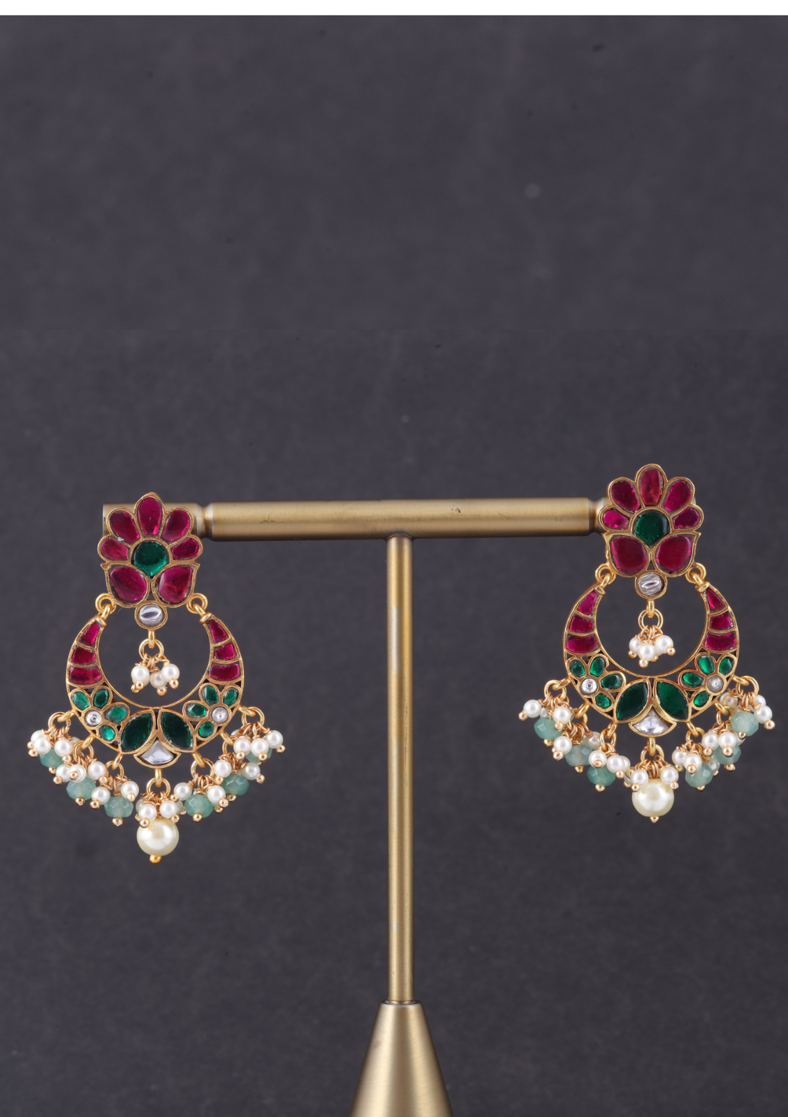 Charming Jadau Kundan Chandbali Earrings with Pearl and Green Beads Hangings