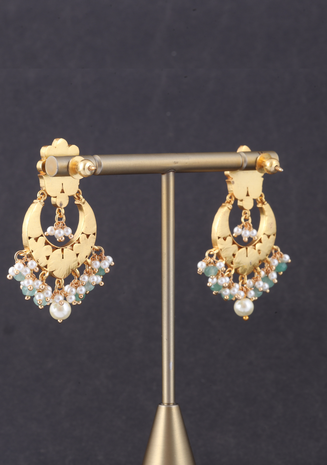 Charming Jadau Kundan Chandbali Earrings with Pearl and Green Beads Hangings