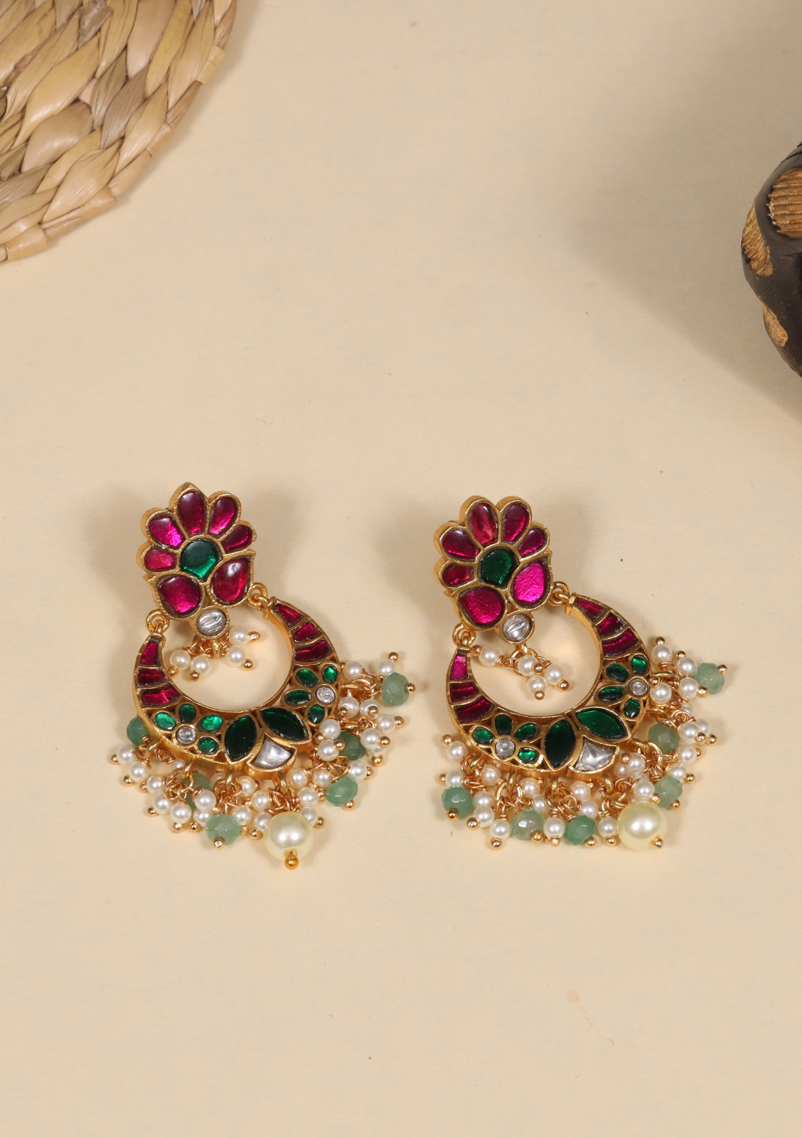 Charming Jadau Kundan Chandbali Earrings with Pearl and Green Beads Hangings