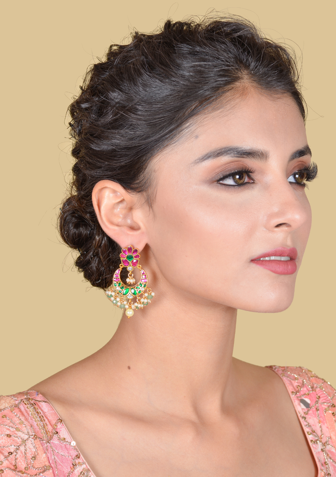 Charming Jadau Kundan Chandbali Earrings with Pearl and Green Beads Hangings