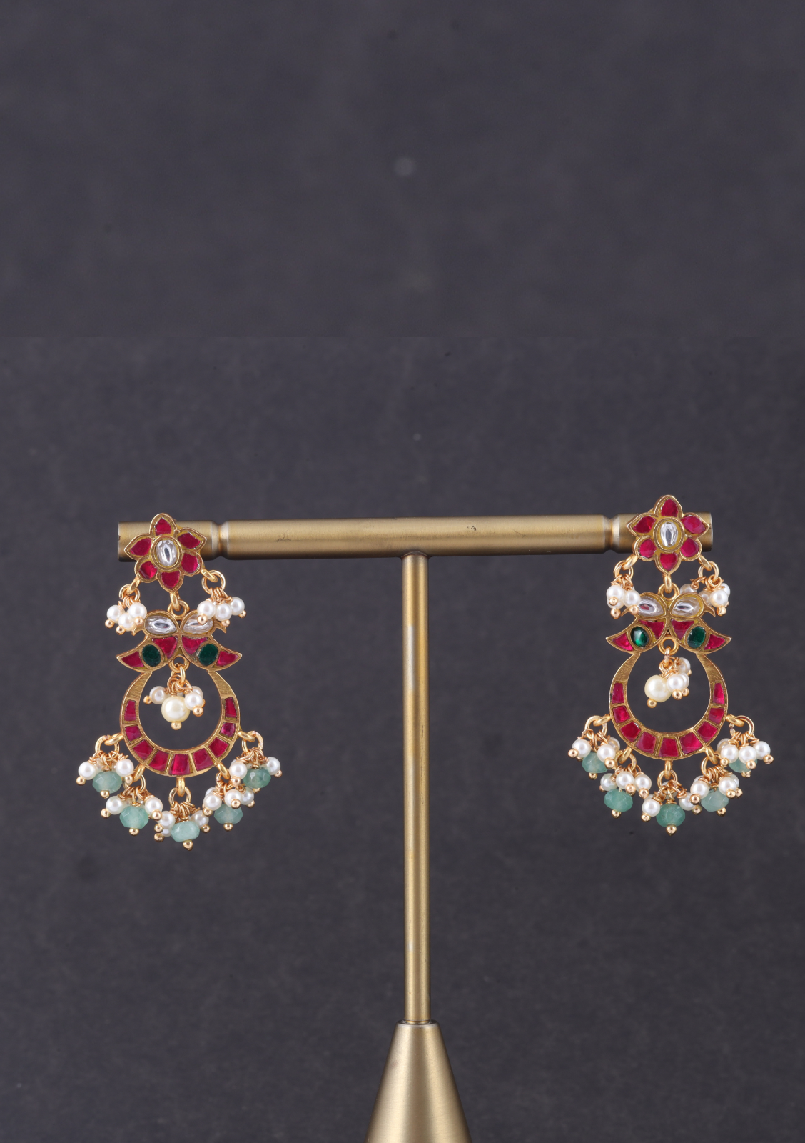 Delicate Designer Jadau Kundan Chandbali Earrings with Pearl and Green Beads Hangings