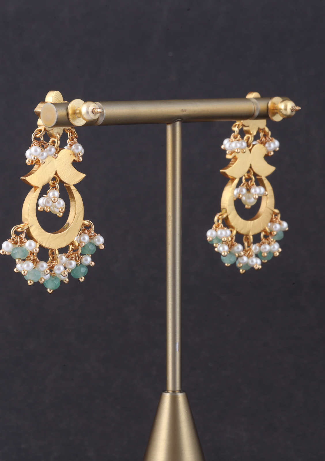Delicate Designer Jadau Kundan Chandbali Earrings with Pearl and Green Beads Hangings