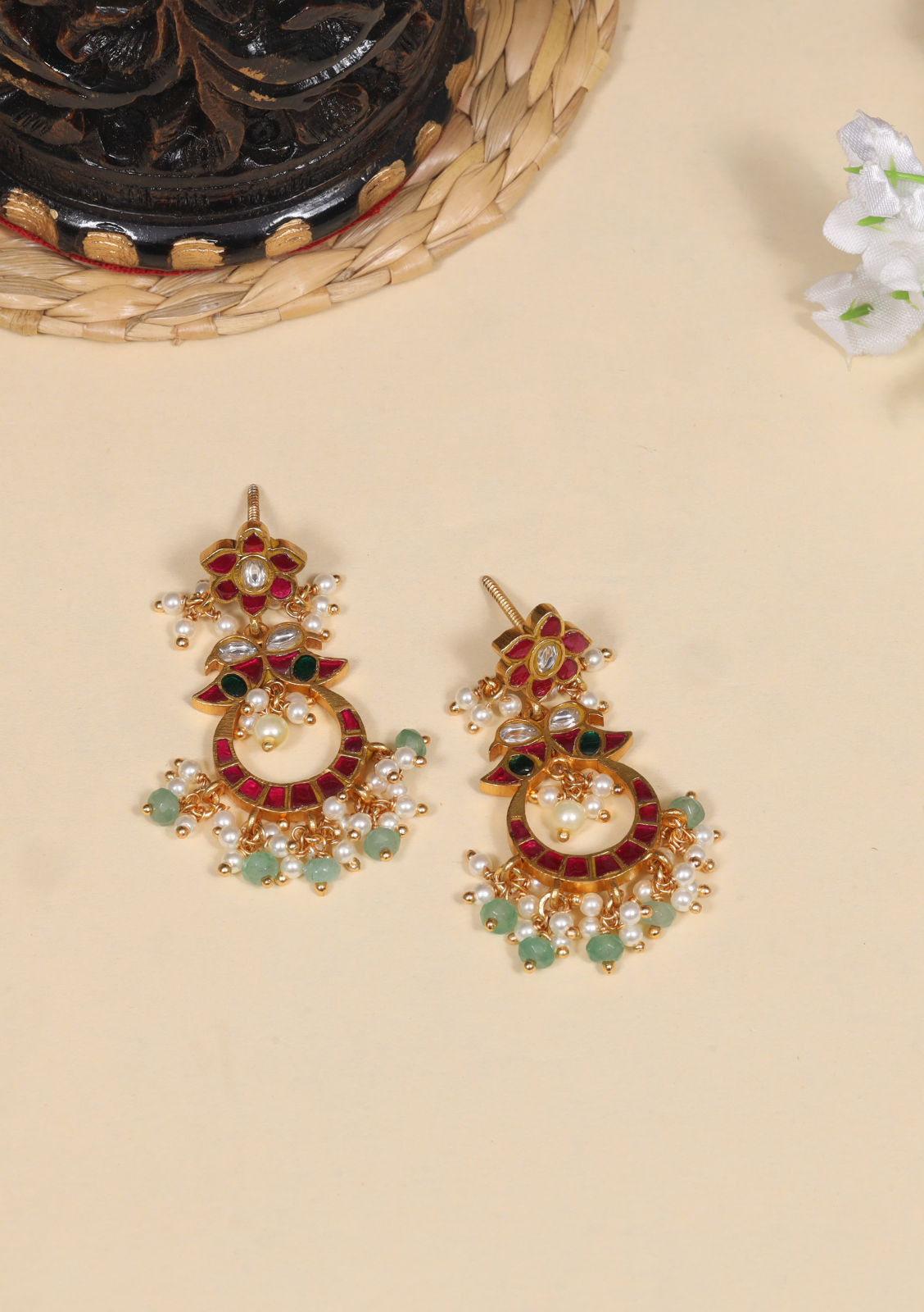 Delicate Designer Jadau Kundan Chandbali Earrings with Pearl and Green Beads Hangings
