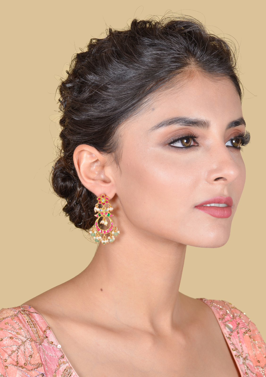 Delicate Designer Jadau Kundan Chandbali Earrings with Pearl and Green Beads Hangings