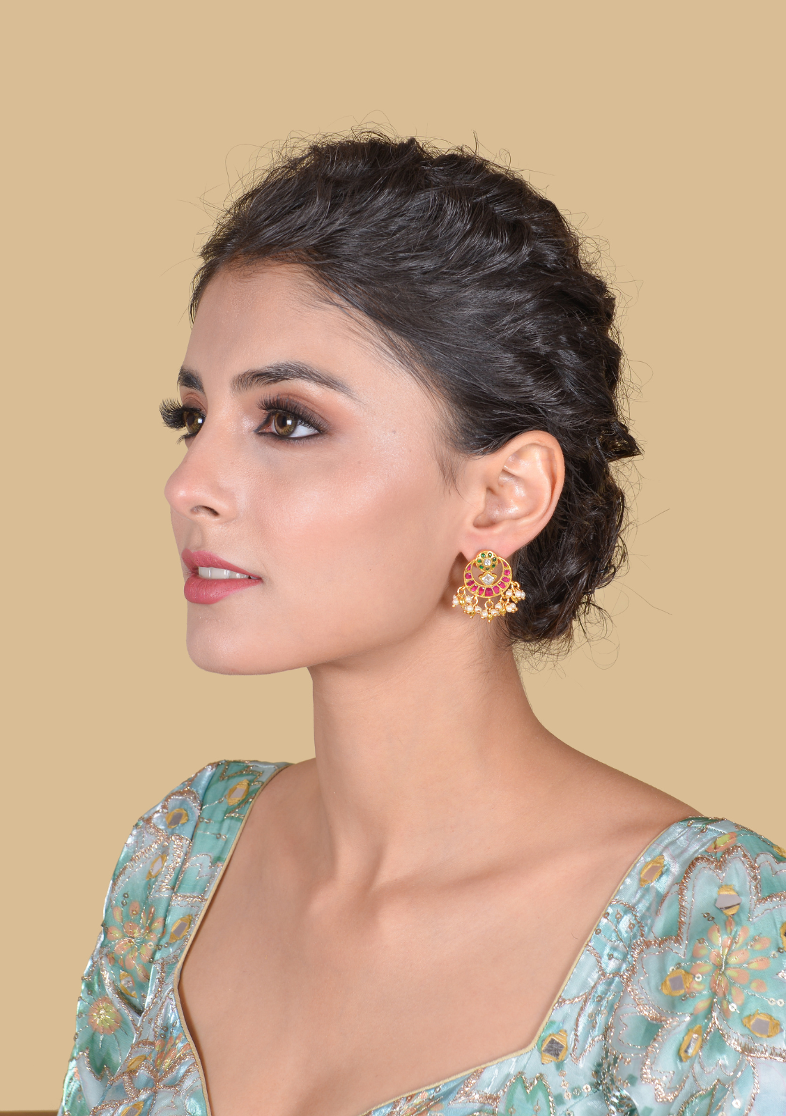 Stylish and Delicate Jadau Kundan Chandbali Stud Earrings with Pearl Beads Hangings