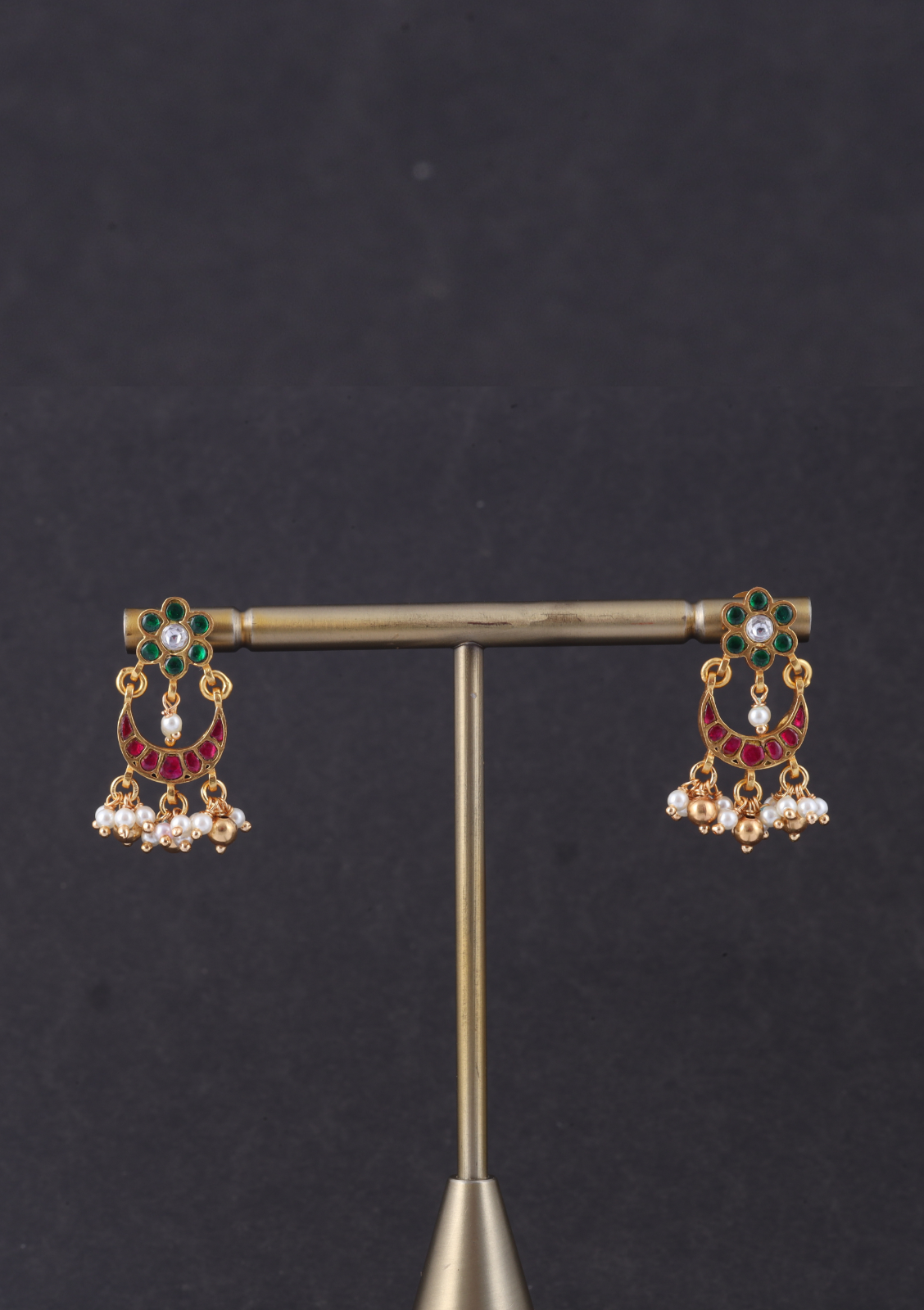 Simple Jadau Kundan Chandbali Earrings With Pearl Hangings