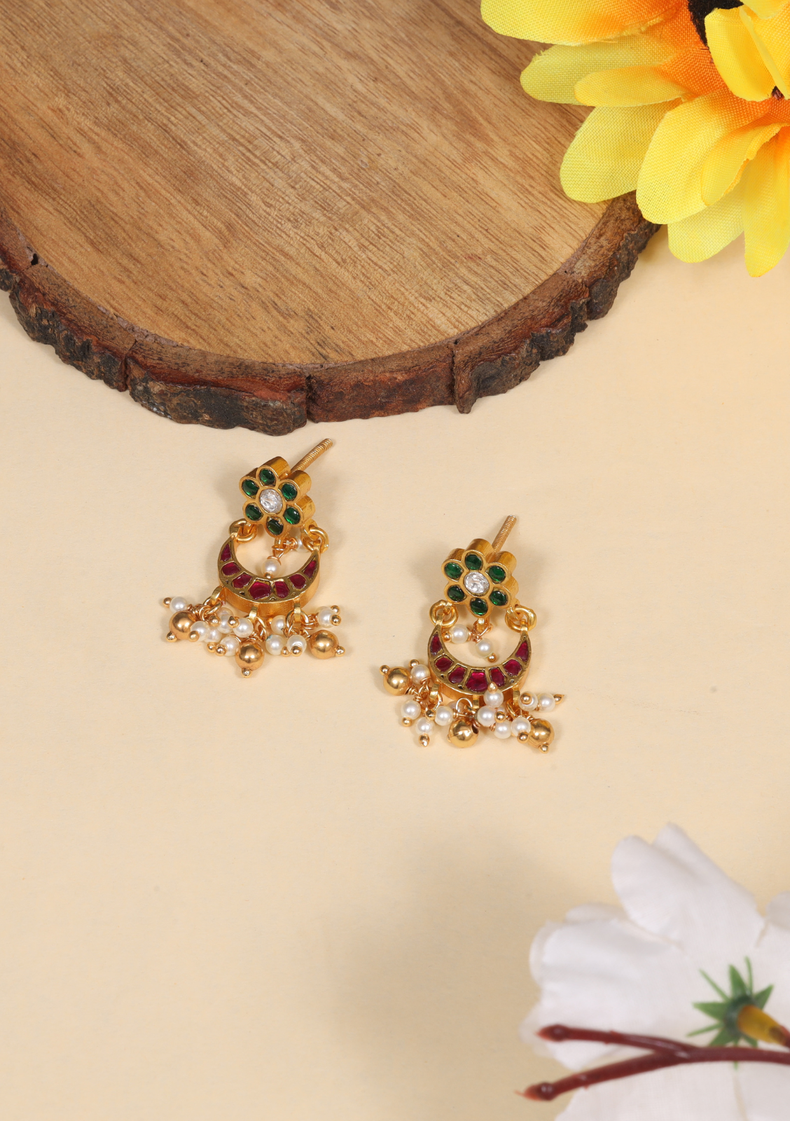 Simple Jadau Kundan Chandbali Earrings With Pearl Hangings