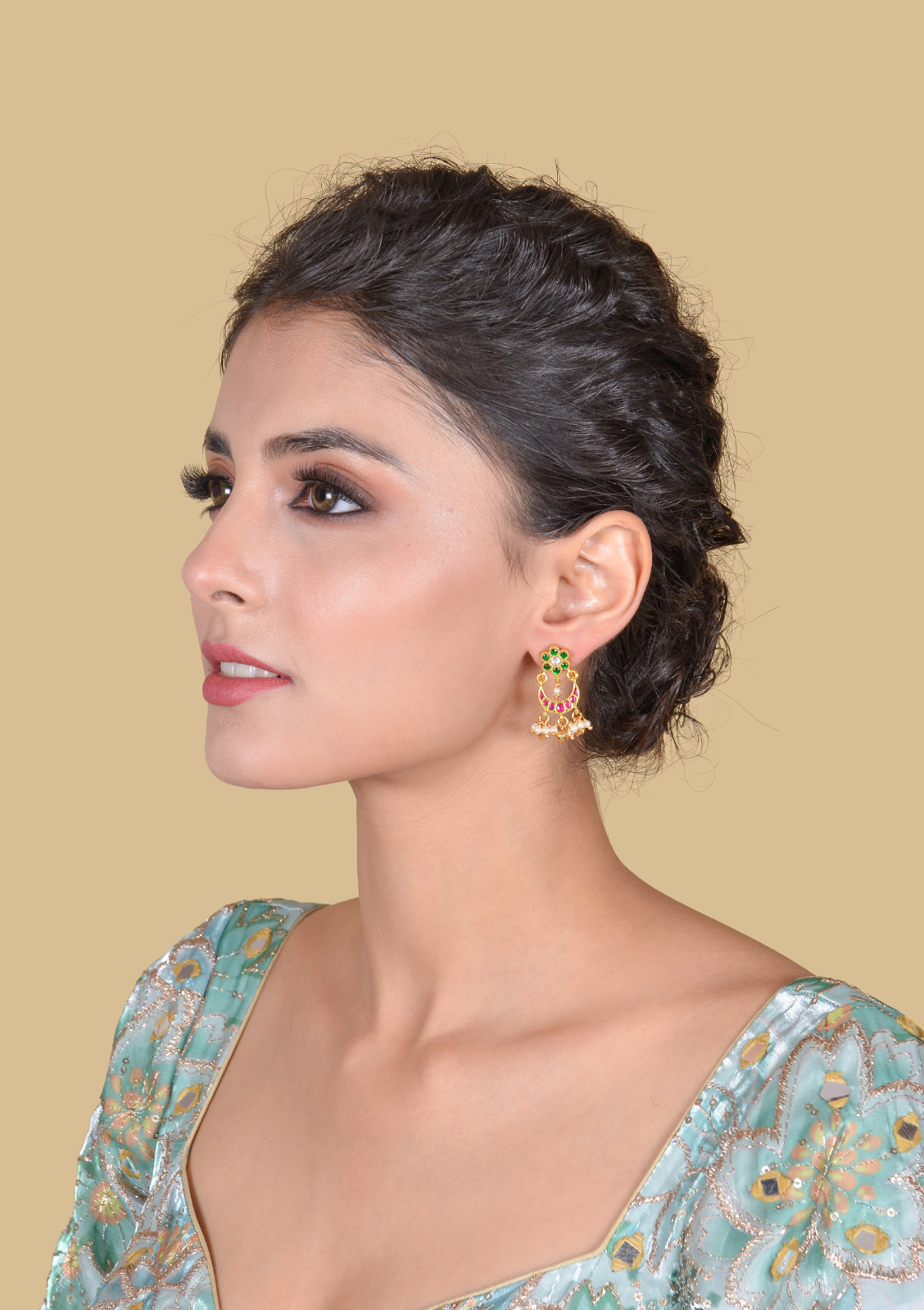 Simple Jadau Kundan Chandbali Earrings With Pearl Hangings