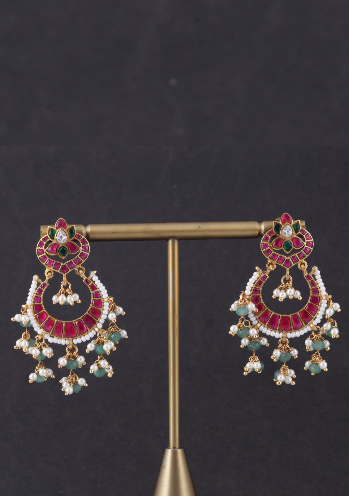 Delightful Jadau Kundan Designer Chandbali Earrings with Pearl and Green Beads Hangings