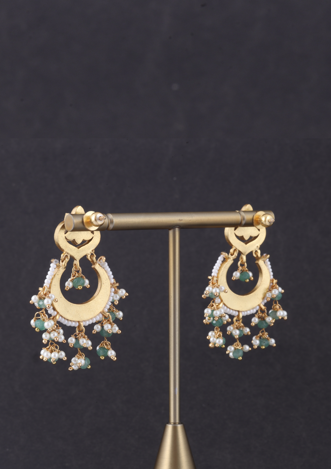 Delightful Jadau Kundan Designer Chandbali Earrings with Pearl and Green Beads Hangings