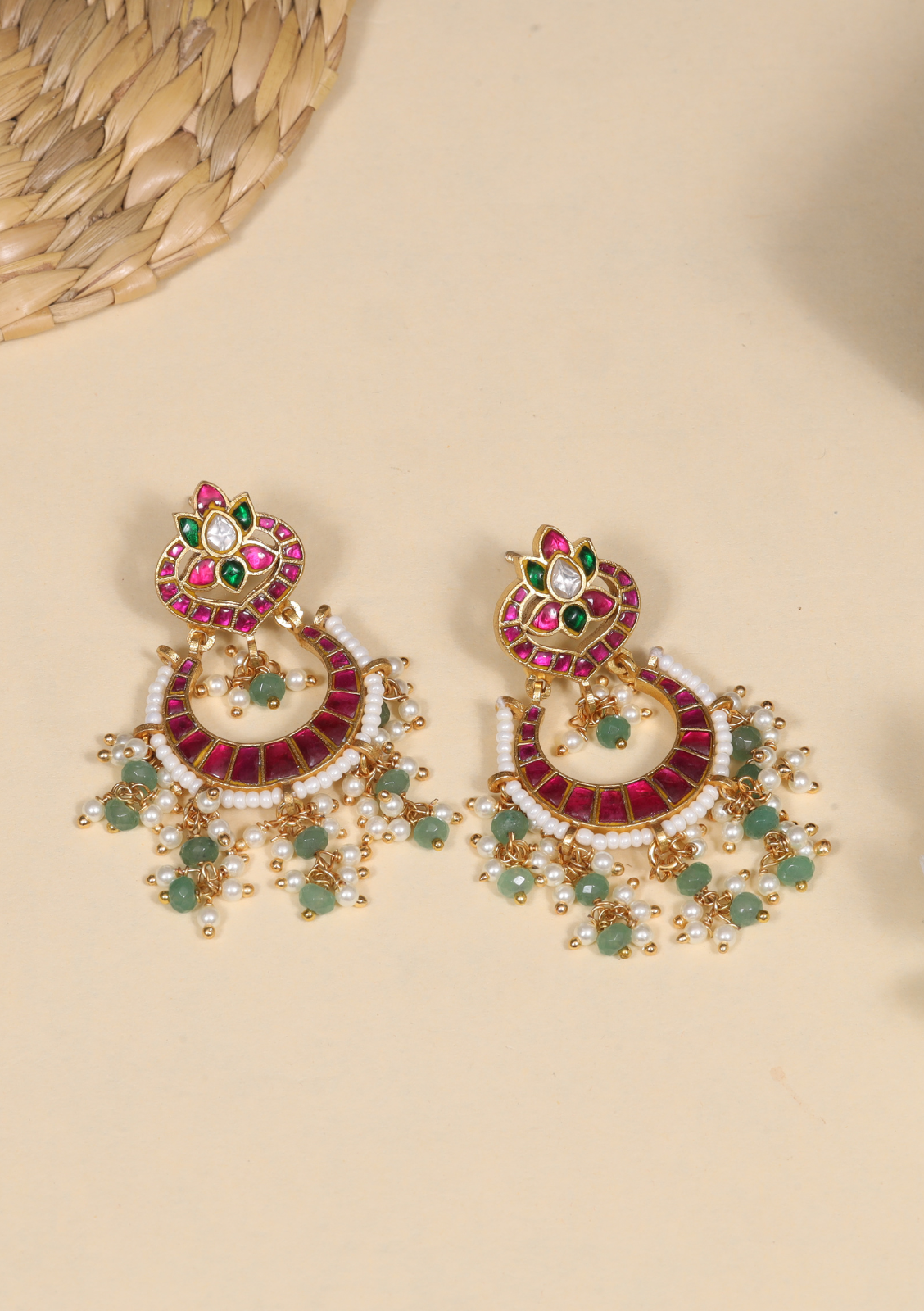 Delightful Jadau Kundan Designer Chandbali Earrings with Pearl and Green Beads Hangings
