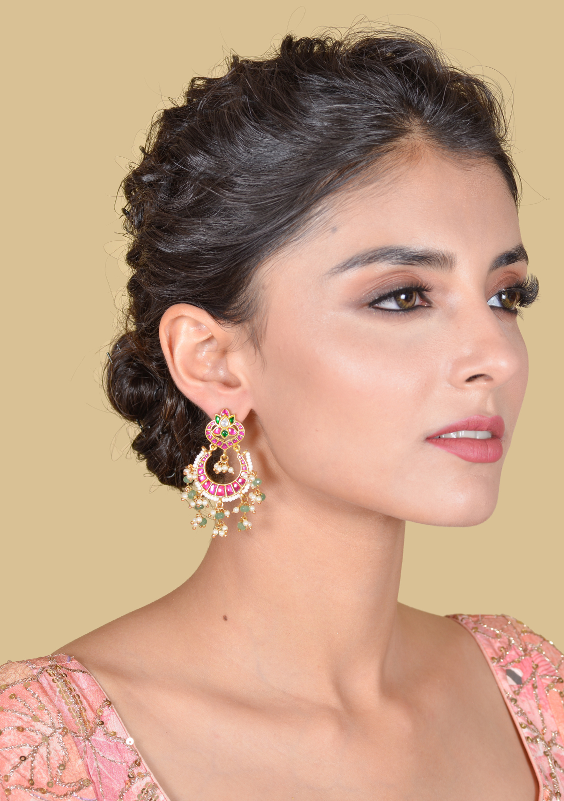 Delightful Jadau Kundan Designer Chandbali Earrings with Pearl and Green Beads Hangings