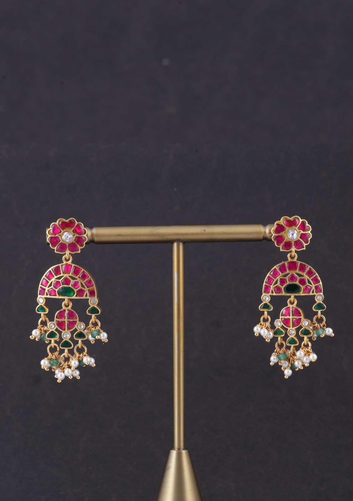 Glorious Designer Jadau Kundan Earrings with Pearl and Green Beads Hangings