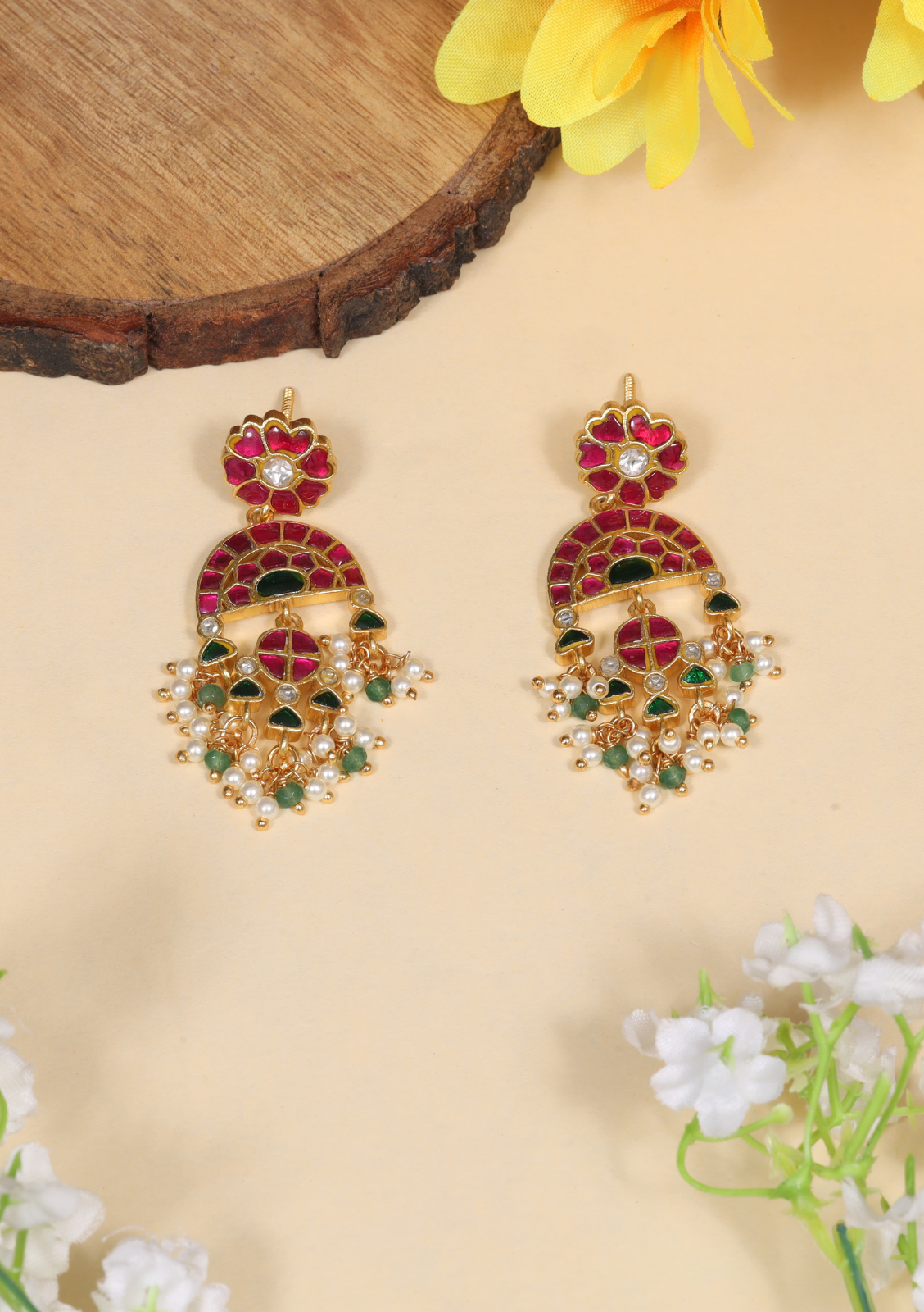 Glorious Designer Jadau Kundan Earrings with Pearl and Green Beads Hangings