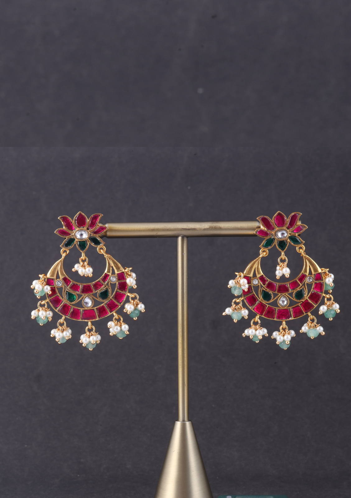 Classy Lotus Jadau Kundan Chandbali Earrings with Pearl and Green Beads Hangings