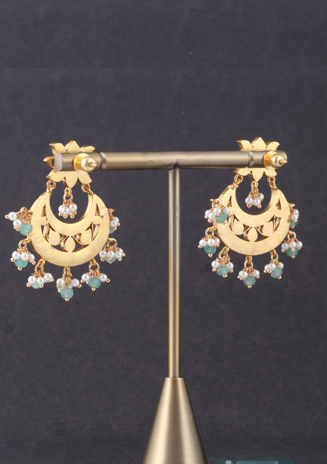 Classy Lotus Jadau Kundan Chandbali Earrings with Pearl and Green Beads Hangings