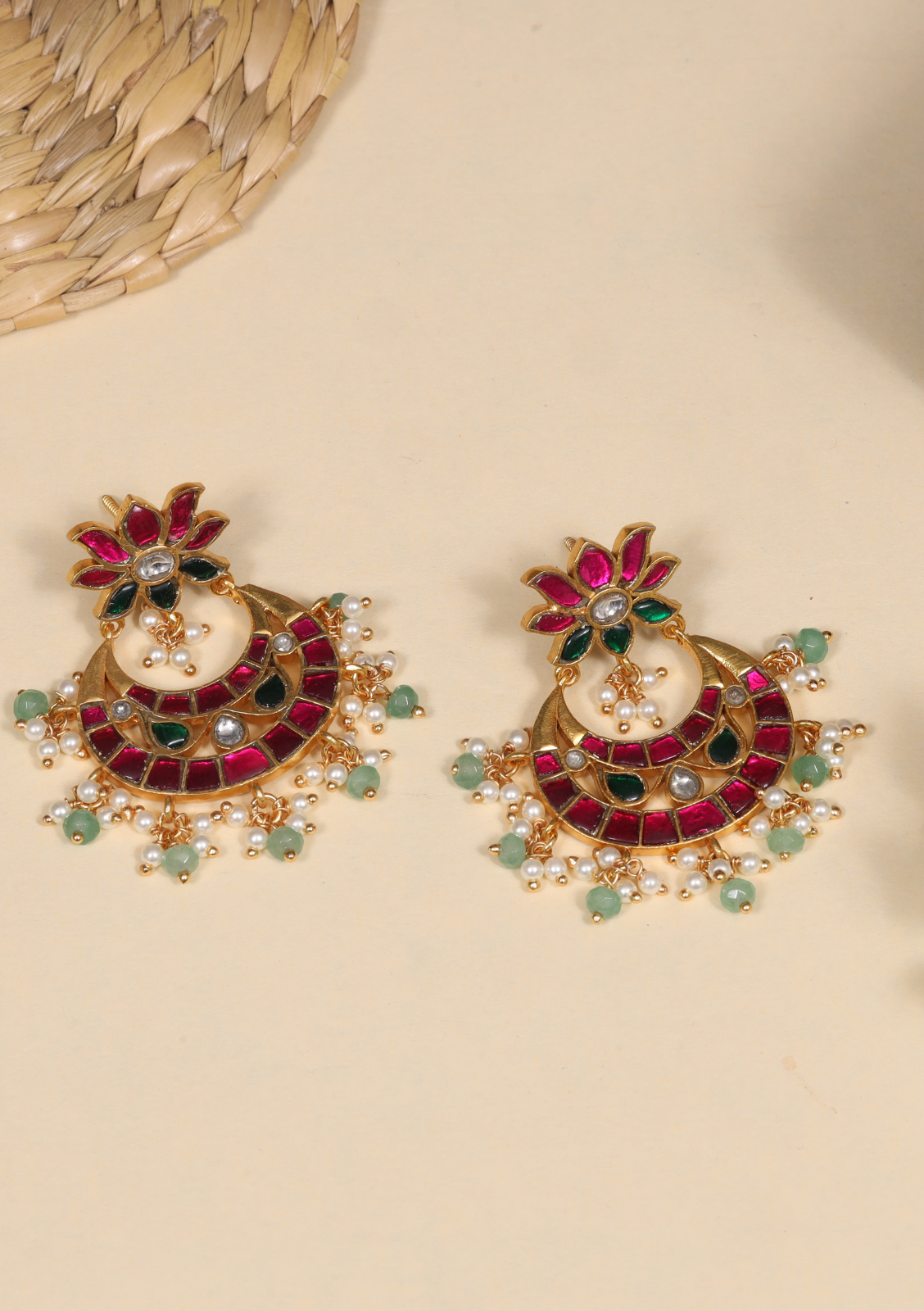 Classy Lotus Jadau Kundan Chandbali Earrings with Pearl and Green Beads Hangings