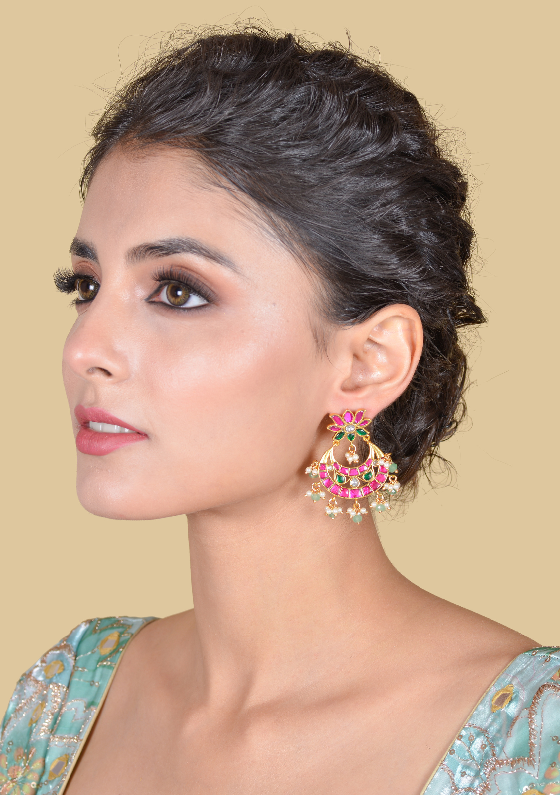 Classy Lotus Jadau Kundan Chandbali Earrings with Pearl and Green Beads Hangings