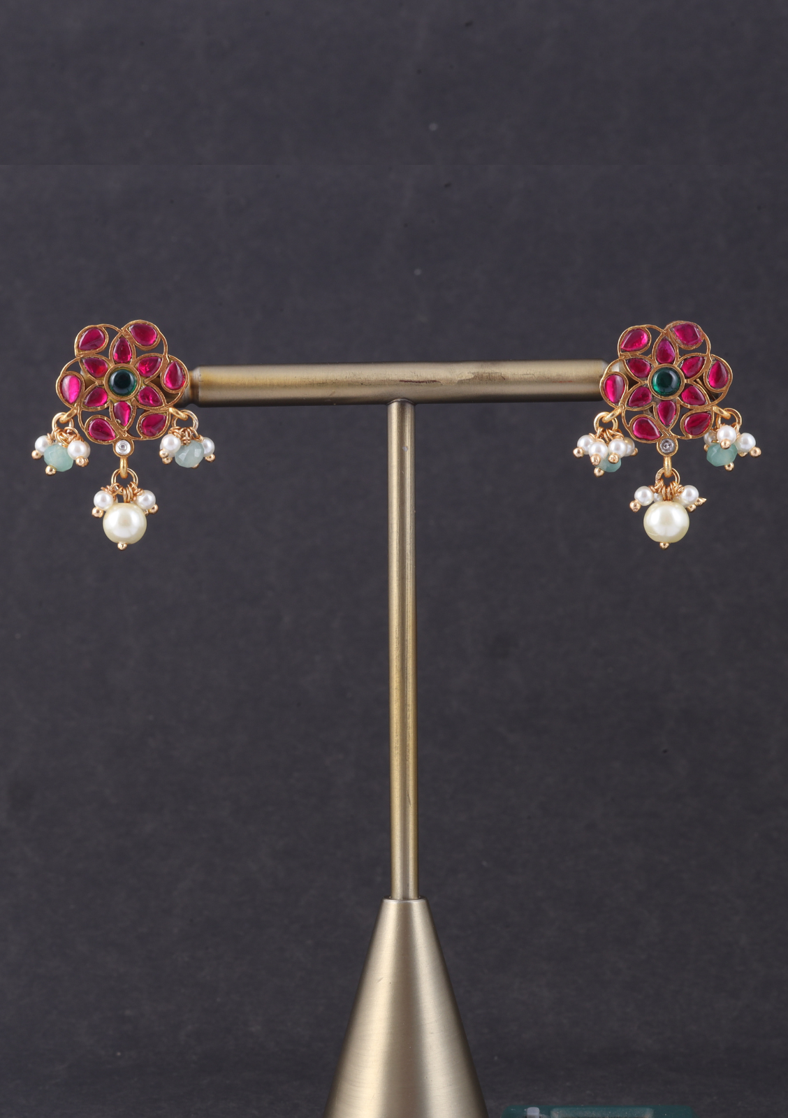 Simple and Classic Jadau Kundan Stud Earrings with Pearl and Green Beads Hangings