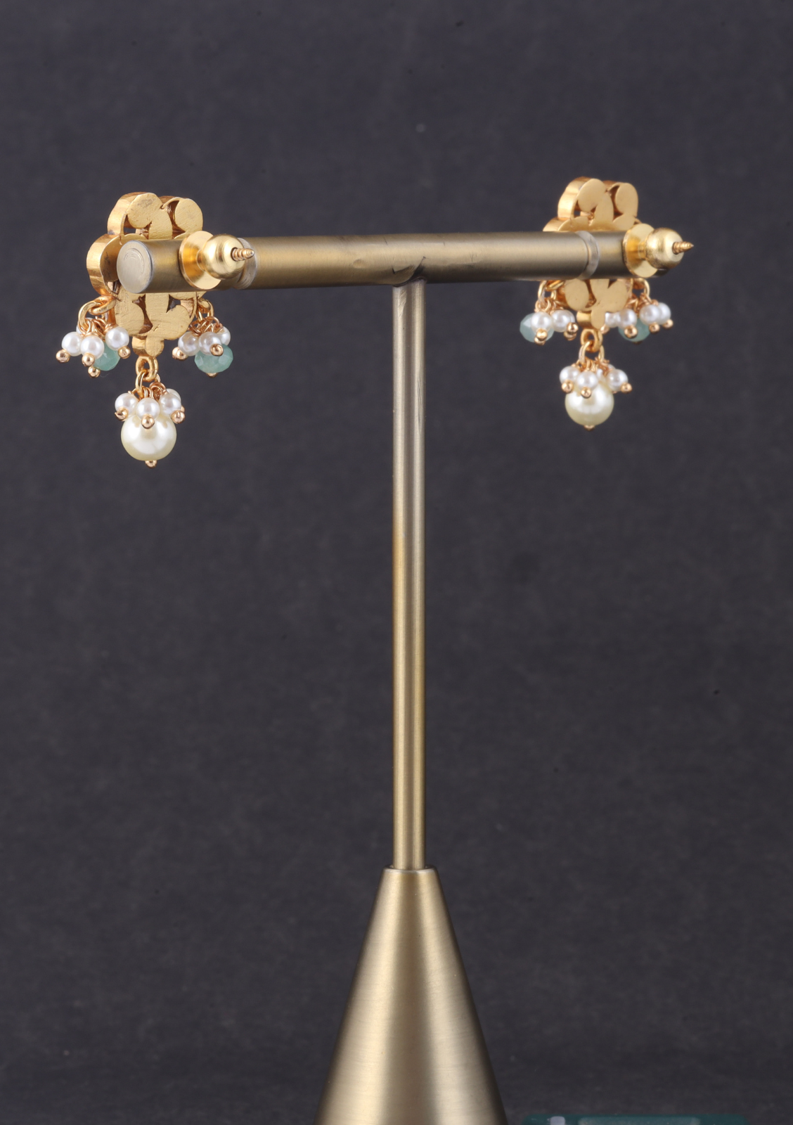 Simple and Classic Jadau Kundan Stud Earrings with Pearl and Green Beads Hangings