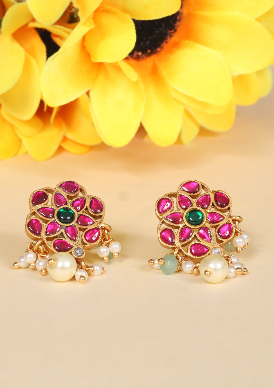Simple and Classic Jadau Kundan Stud Earrings with Pearl and Green Beads Hangings