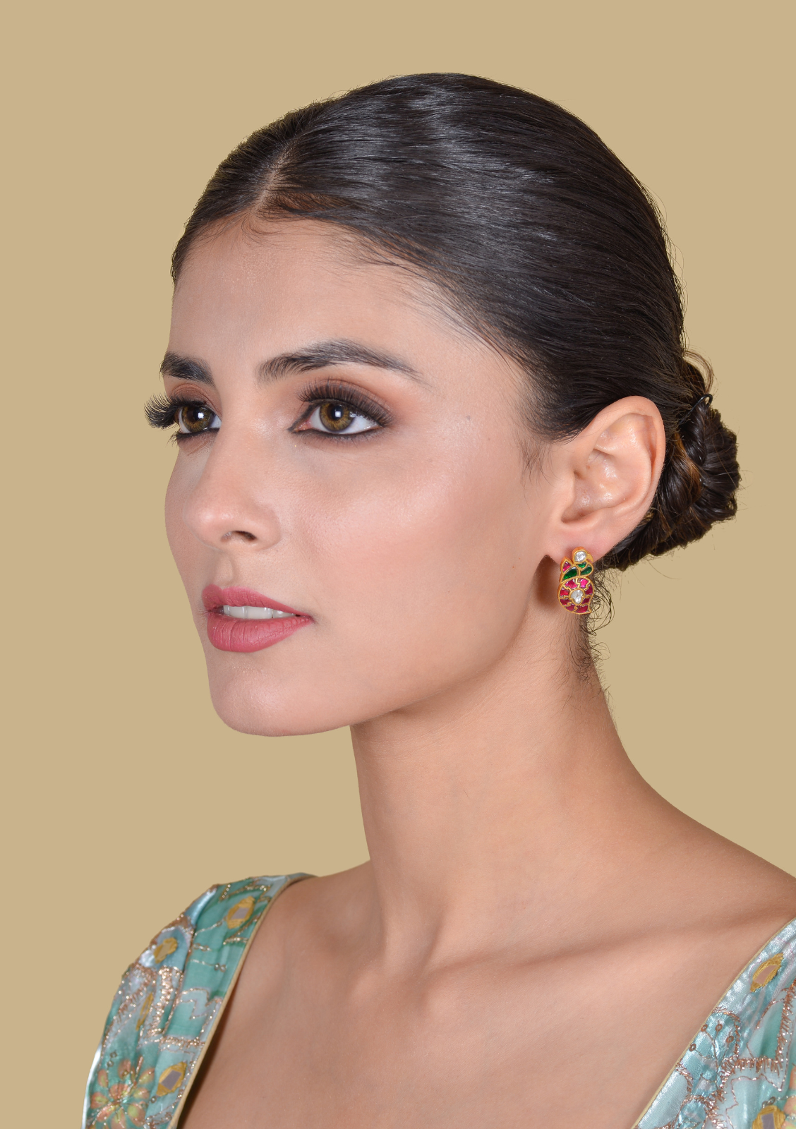 Peacock Mango Real Jadau Kundan Stud Earrings