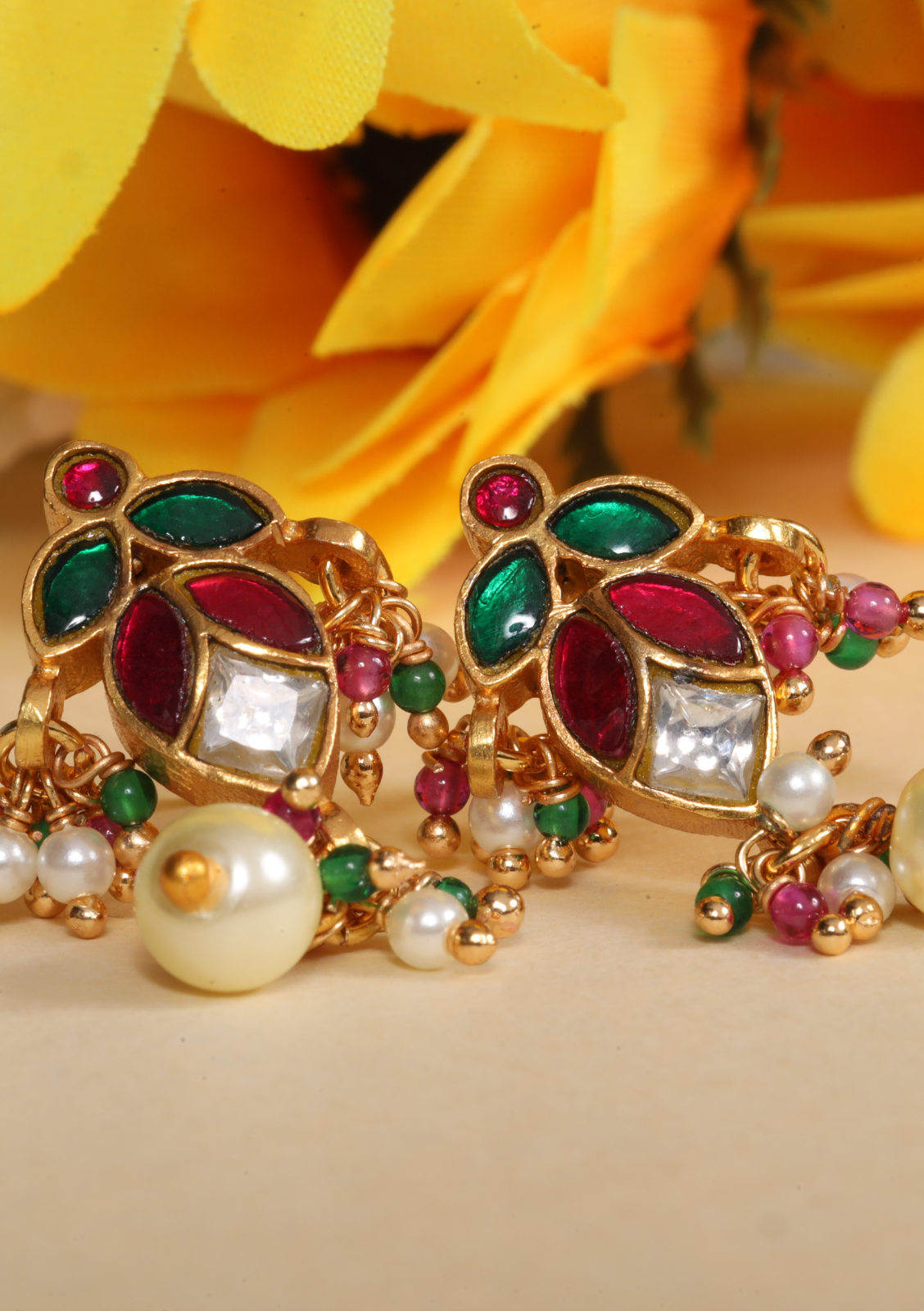 Simple and Cute Jadau Kundan Stud Earrings with Pearl Hangings
