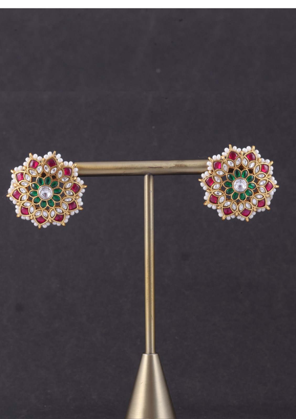 Charming Designer Floral Jadau Kundan Stud Earrings with Pearl Beads