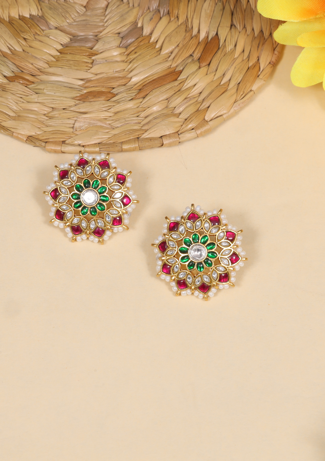 Charming Designer Floral Jadau Kundan Stud Earrings with Pearl Beads