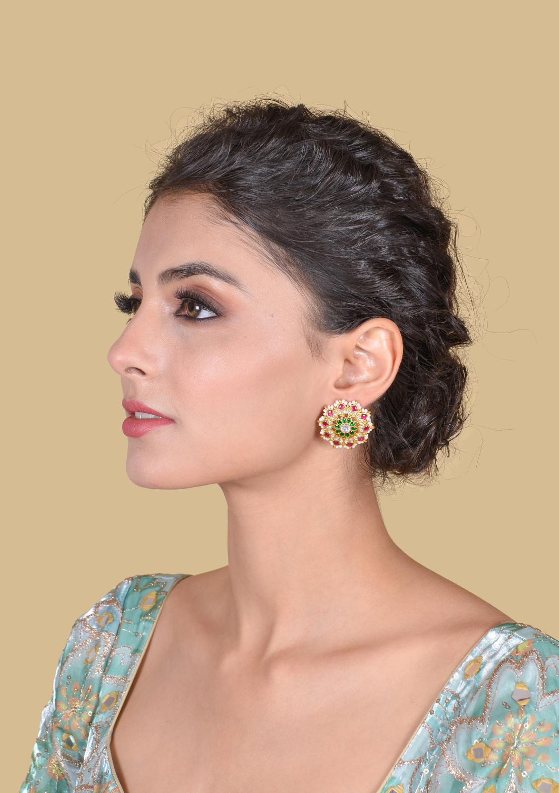 Charming Designer Floral Jadau Kundan Stud Earrings with Pearl Beads