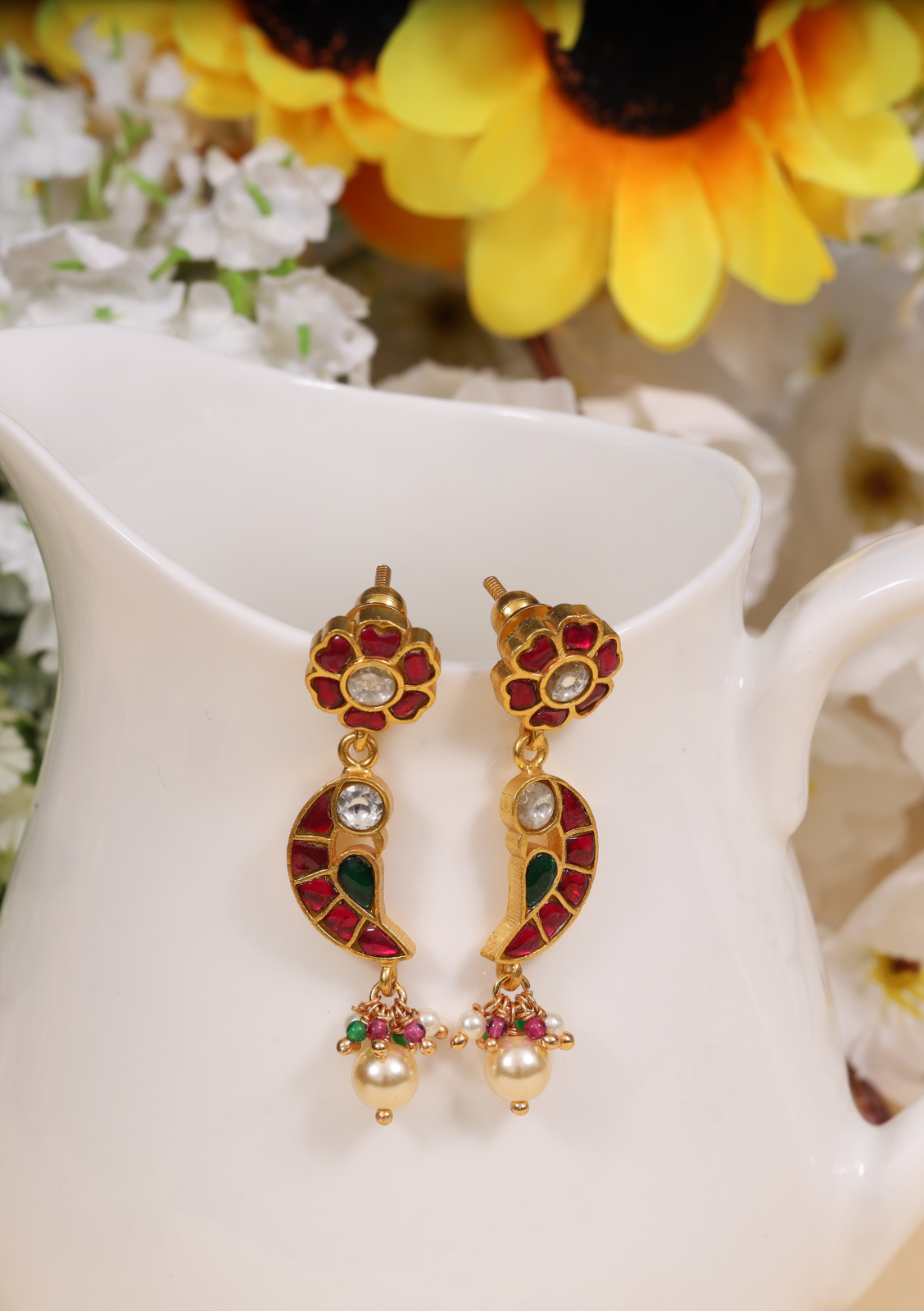 Classic Floral and Peacock Jadau Kundan Earrings with Pearl Hangings