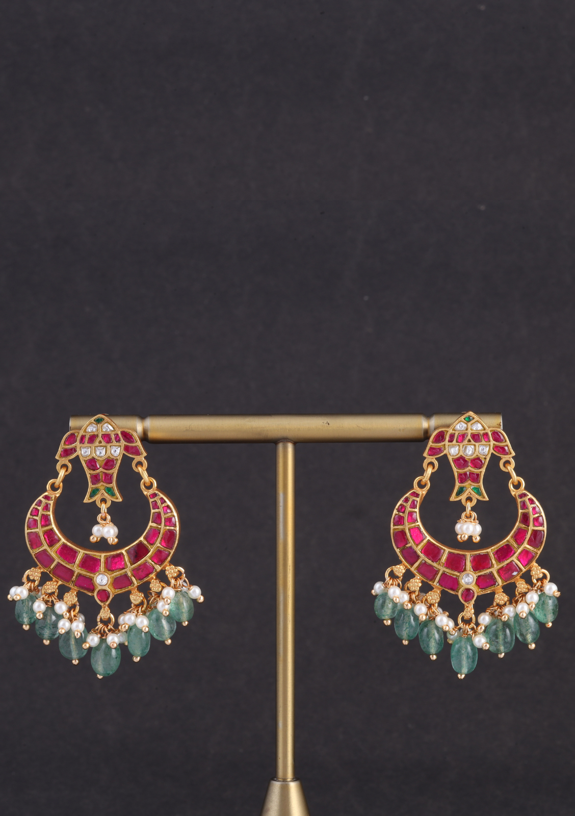 Designer Fish Motif Jadau Kundan Chandbali Earrings with Pearl and Green Beads Hangings