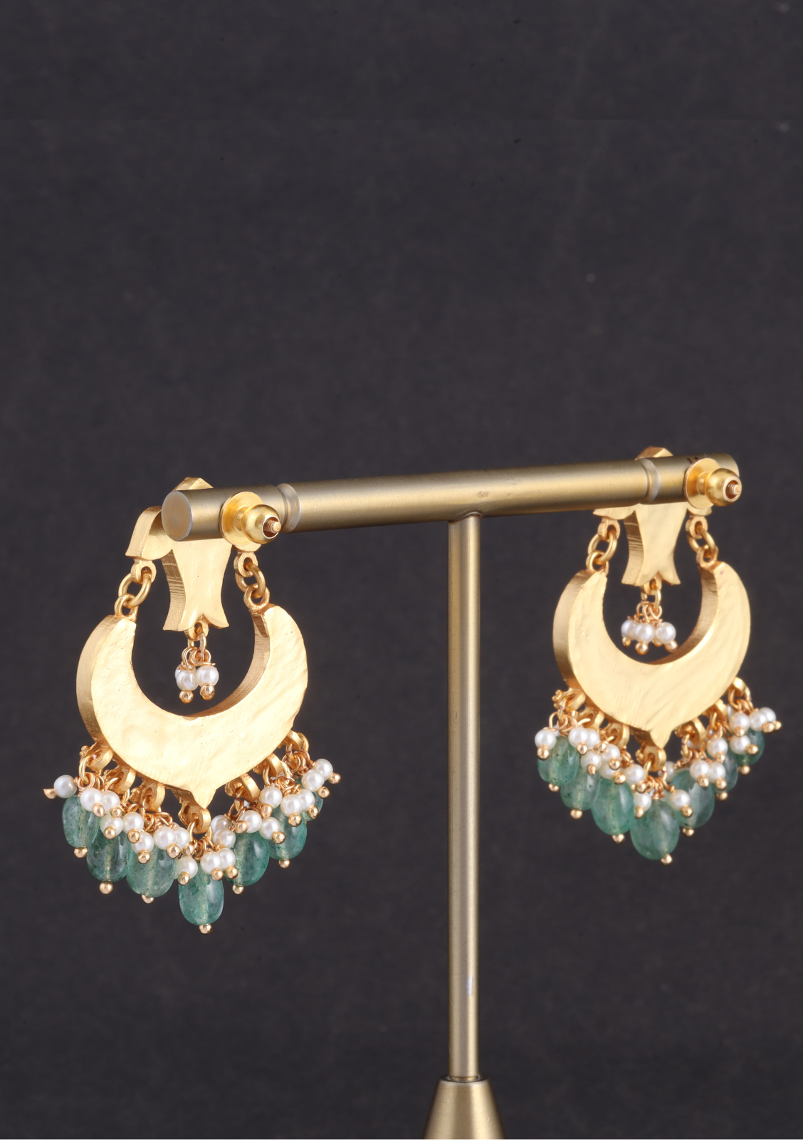 Designer Fish Motif Jadau Kundan Chandbali Earrings with Pearl and Green Beads Hangings