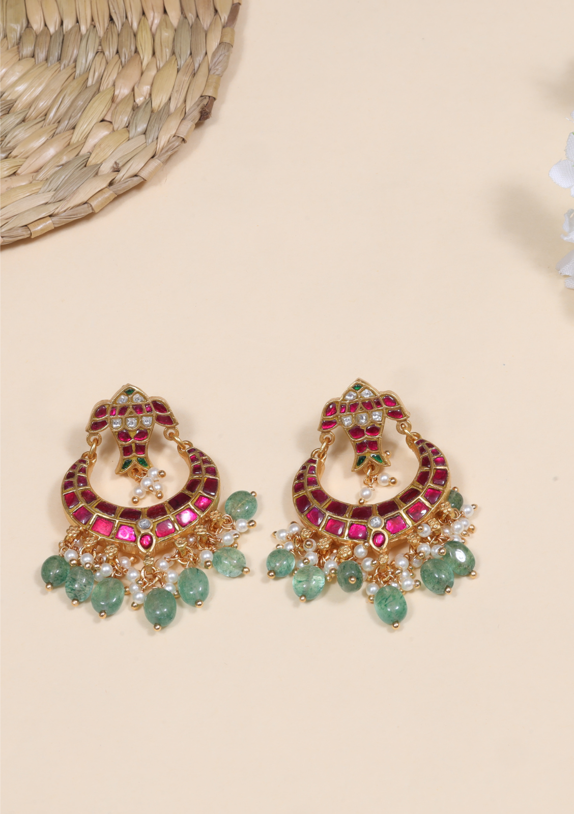 Designer Fish Motif Jadau Kundan Chandbali Earrings with Pearl and Green Beads Hangings