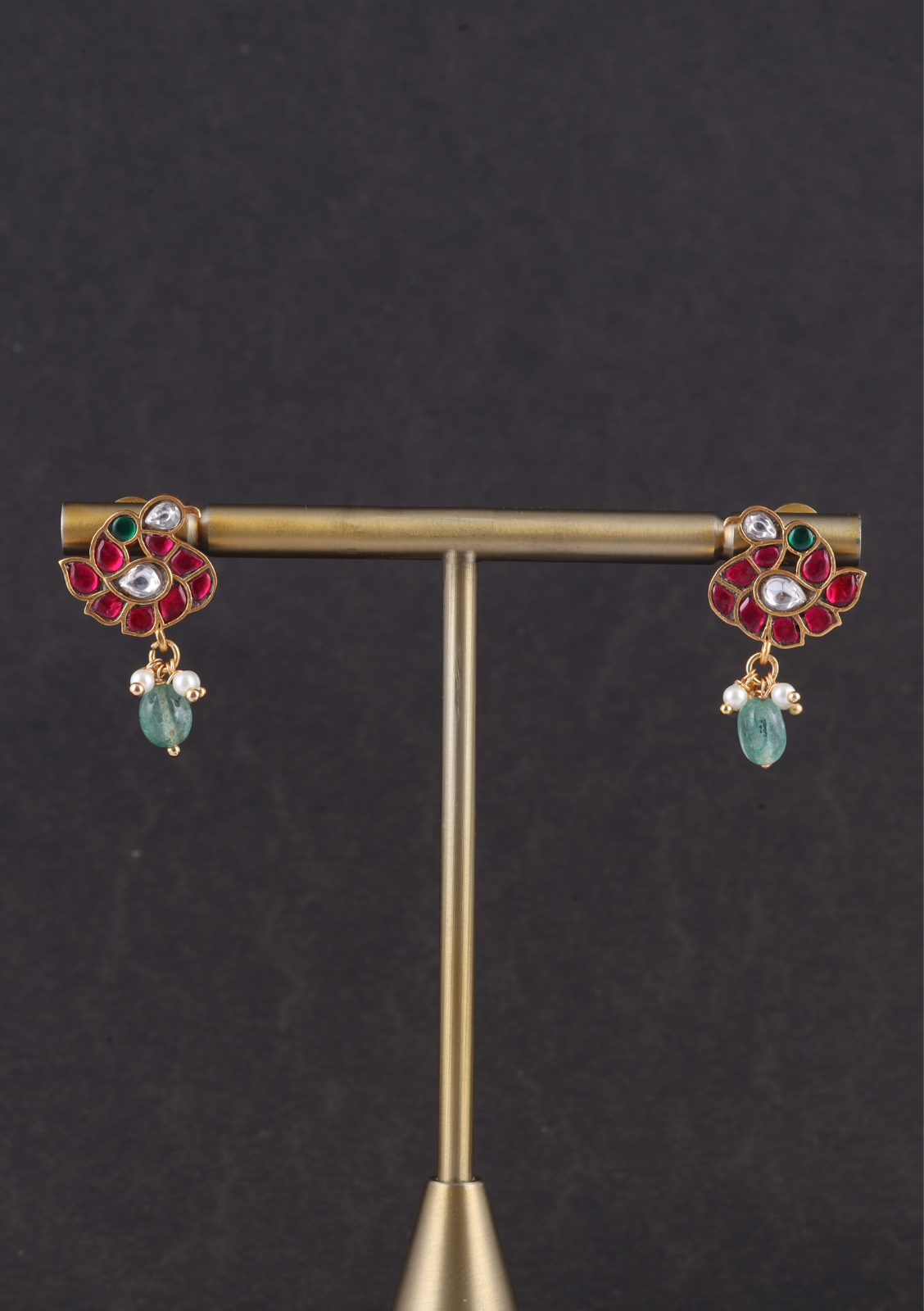 Designer Small Bird Jadau Kundan Stud Earrings with Green Beads